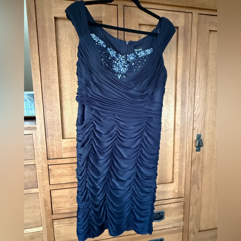 Xscape Navy Blue Ruched Midi Dress